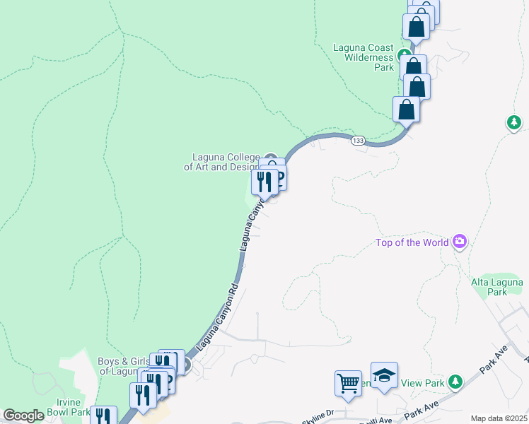 map of restaurants, bars, coffee shops, grocery stores, and more near 2100 Laguna Canyon Road in Laguna Beach