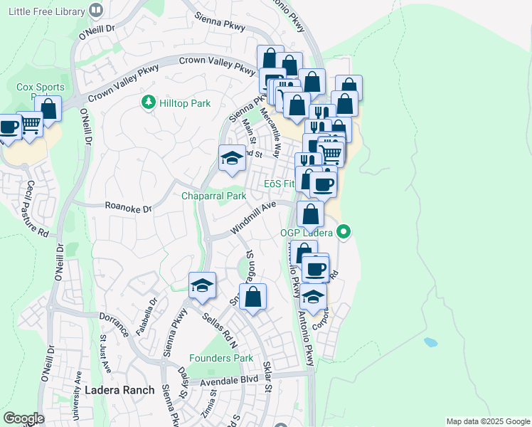 map of restaurants, bars, coffee shops, grocery stores, and more near 4 Sutherland Drive in Ladera Ranch