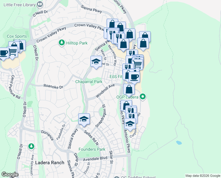 map of restaurants, bars, coffee shops, grocery stores, and more near 4 Sutherland Drive in Ladera Ranch