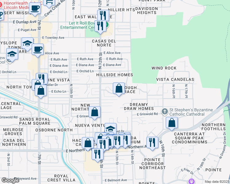 map of restaurants, bars, coffee shops, grocery stores, and more near 1246 East Echo Lane in Phoenix