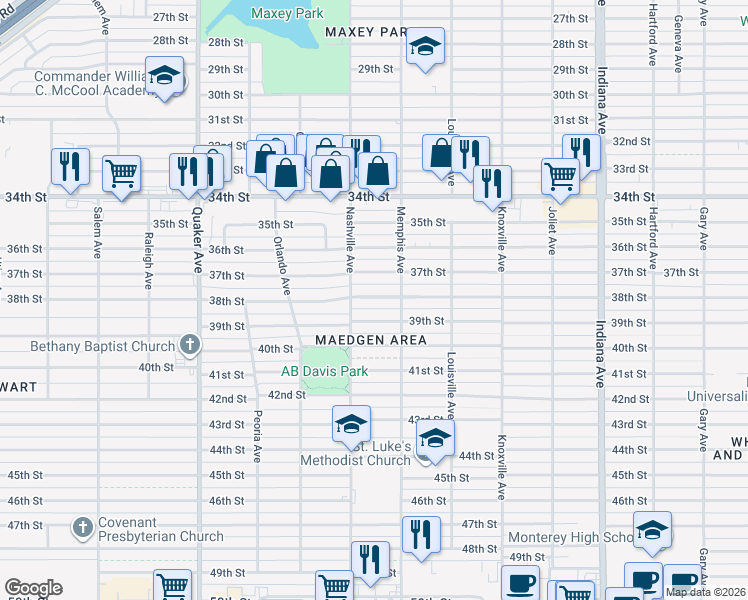 map of restaurants, bars, coffee shops, grocery stores, and more near 3811 38th Street in Lubbock
