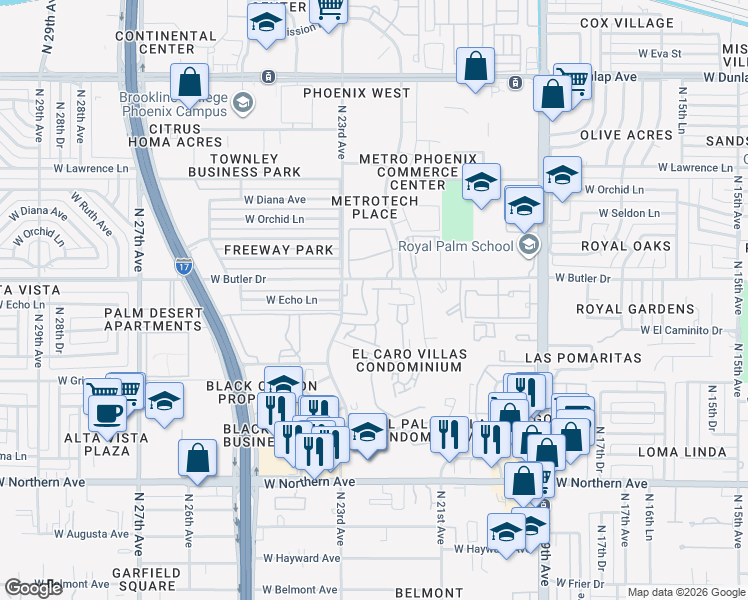 map of restaurants, bars, coffee shops, grocery stores, and more near 8445 North 23rd Avenue in Phoenix