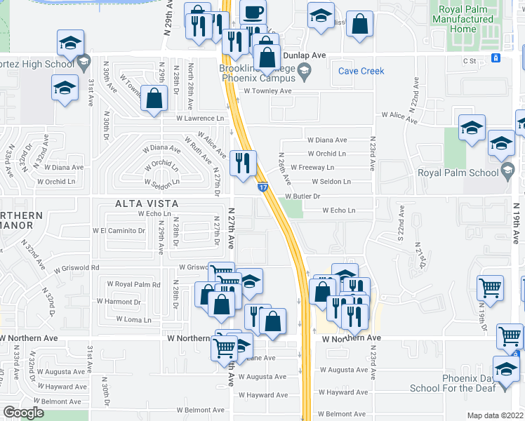 map of restaurants, bars, coffee shops, grocery stores, and more near 2641 West Butler Drive in Phoenix