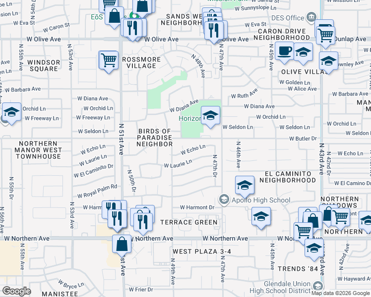 map of restaurants, bars, coffee shops, grocery stores, and more near 4828 West Echo Lane in Glendale