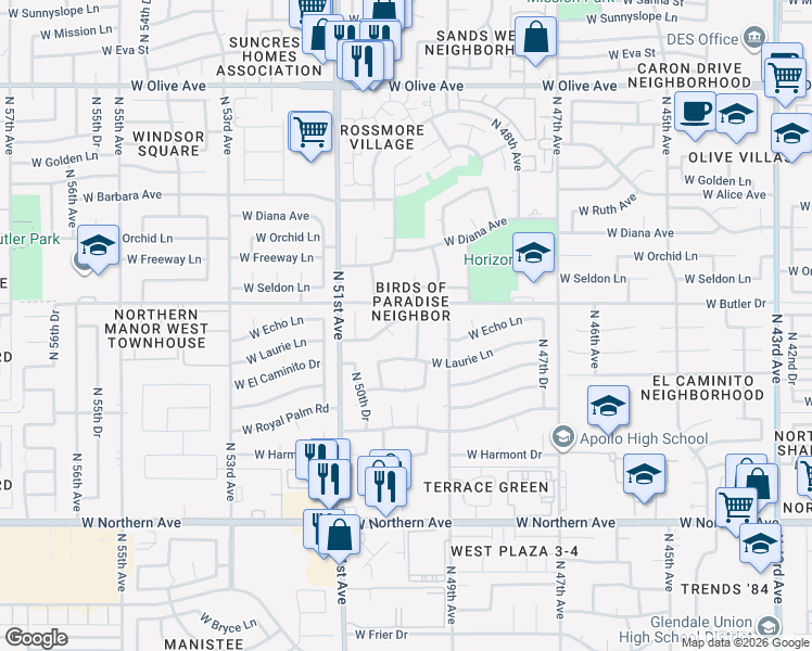 map of restaurants, bars, coffee shops, grocery stores, and more near 5003 West Echo Lane in Glendale