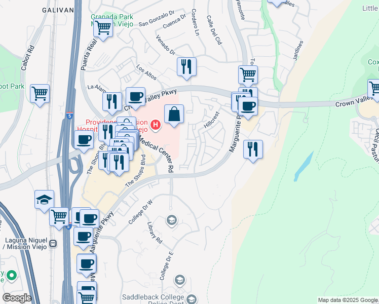 map of restaurants, bars, coffee shops, grocery stores, and more near 27791 Zircon in Mission Viejo