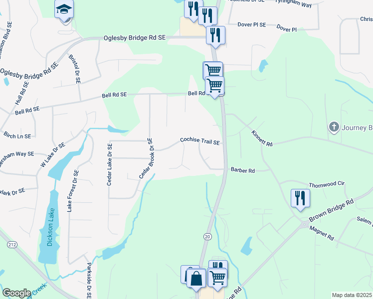 map of restaurants, bars, coffee shops, grocery stores, and more near 4822 Navajo Trail Southeast in Conyers