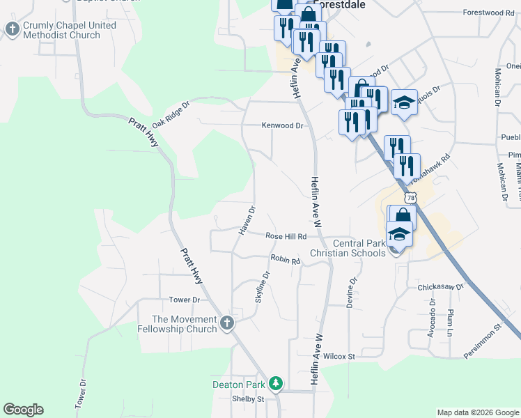 map of restaurants, bars, coffee shops, grocery stores, and more near 1309 Haven Drive in Birmingham