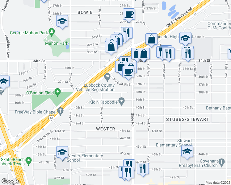 map of restaurants, bars, coffee shops, grocery stores, and more near 5312 38th Street in Lubbock