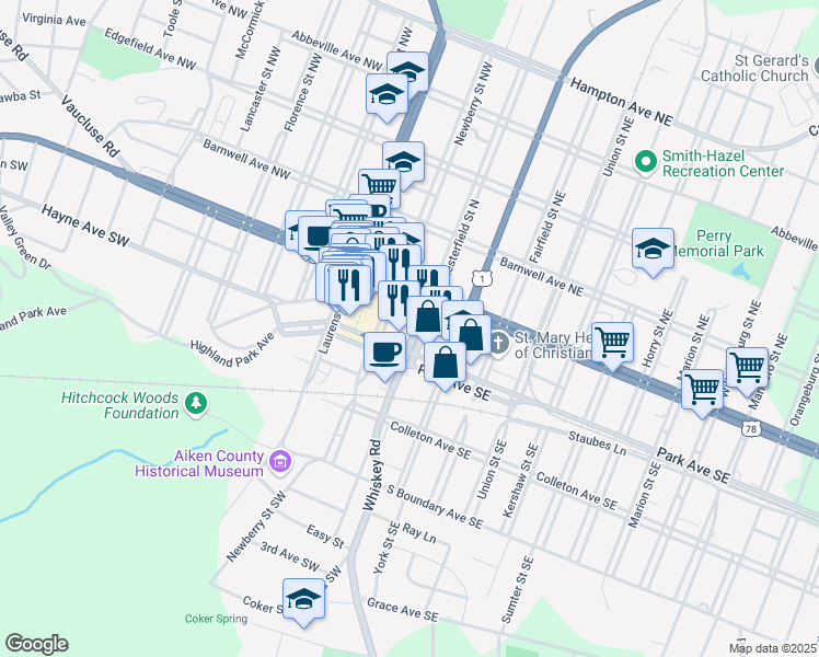 map of restaurants, bars, coffee shops, grocery stores, and more near 135 Chesterfield Street South in Aiken