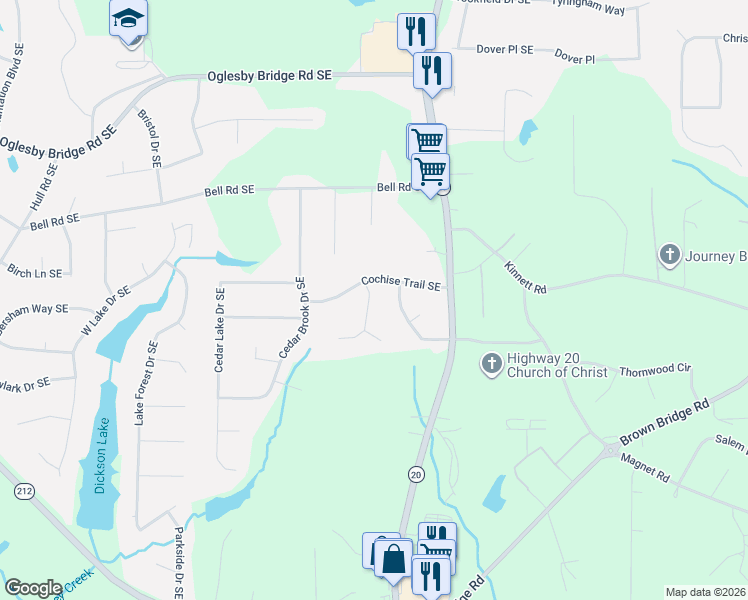 map of restaurants, bars, coffee shops, grocery stores, and more near 4822 Navajo Trail Southeast in Conyers