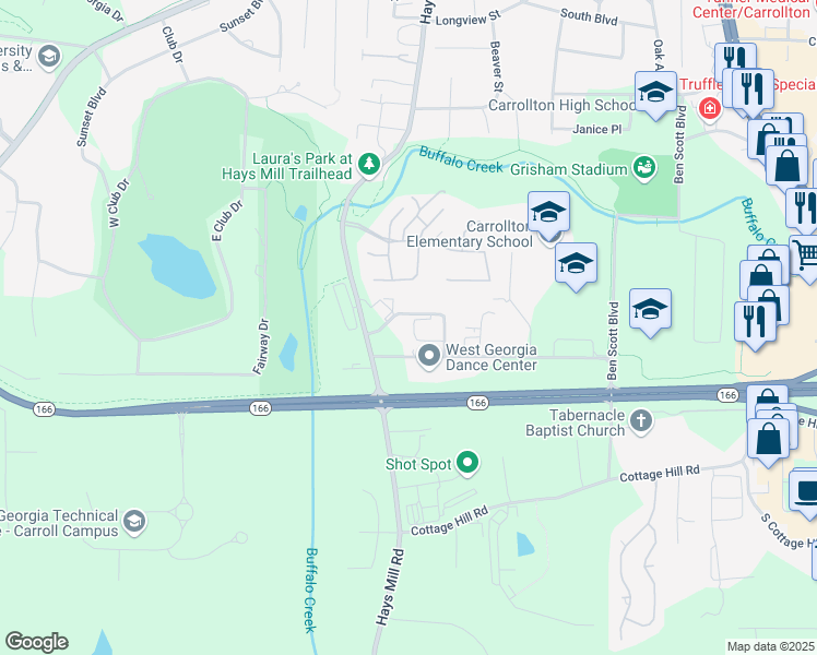 map of restaurants, bars, coffee shops, grocery stores, and more near 100 Greenway Parkway in Carrollton