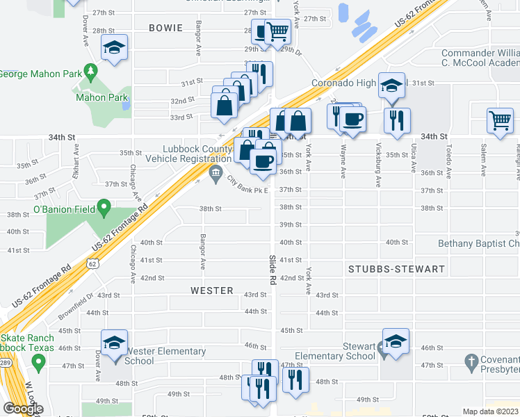map of restaurants, bars, coffee shops, grocery stores, and more near 5212 38th Street in Lubbock