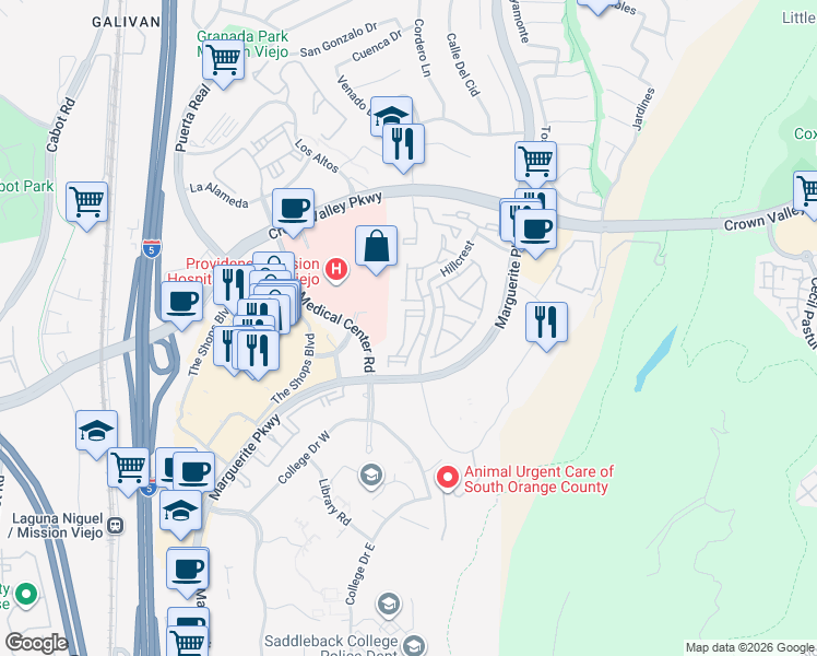 map of restaurants, bars, coffee shops, grocery stores, and more near 27791 Zircon in Mission Viejo