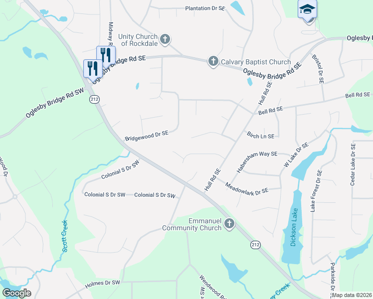 map of restaurants, bars, coffee shops, grocery stores, and more near 384 Hidden Valley Drive Southeast in Conyers