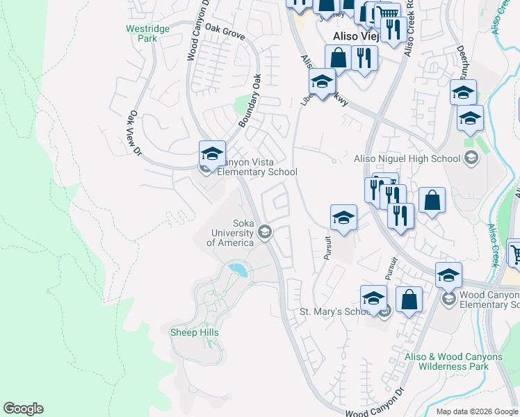 map of restaurants, bars, coffee shops, grocery stores, and more near 21 Deerborn Drive in Aliso Viejo