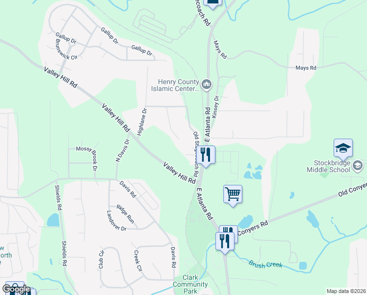 map of restaurants, bars, coffee shops, grocery stores, and more near 136 Cactus Lane in Stockbridge