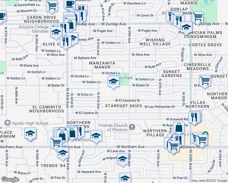 map of restaurants, bars, coffee shops, grocery stores, and more near 8430 North 39th Avenue in Phoenix
