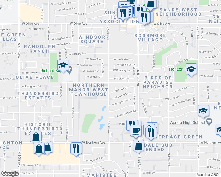 map of restaurants, bars, coffee shops, grocery stores, and more near 8435 North 53rd Avenue in Glendale