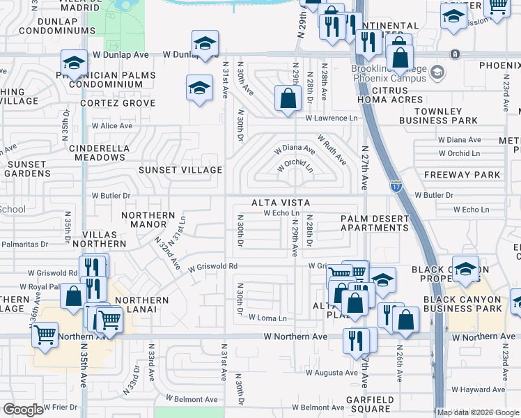 map of restaurants, bars, coffee shops, grocery stores, and more near 3002 West Echo Lane in Phoenix