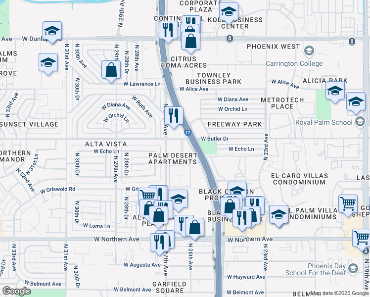 map of restaurants, bars, coffee shops, grocery stores, and more near 2641 West Butler Drive in Phoenix