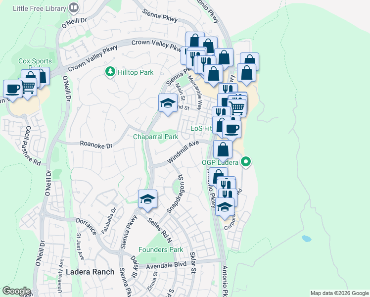 map of restaurants, bars, coffee shops, grocery stores, and more near Windmill Avenue & Main Street in Ladera Ranch