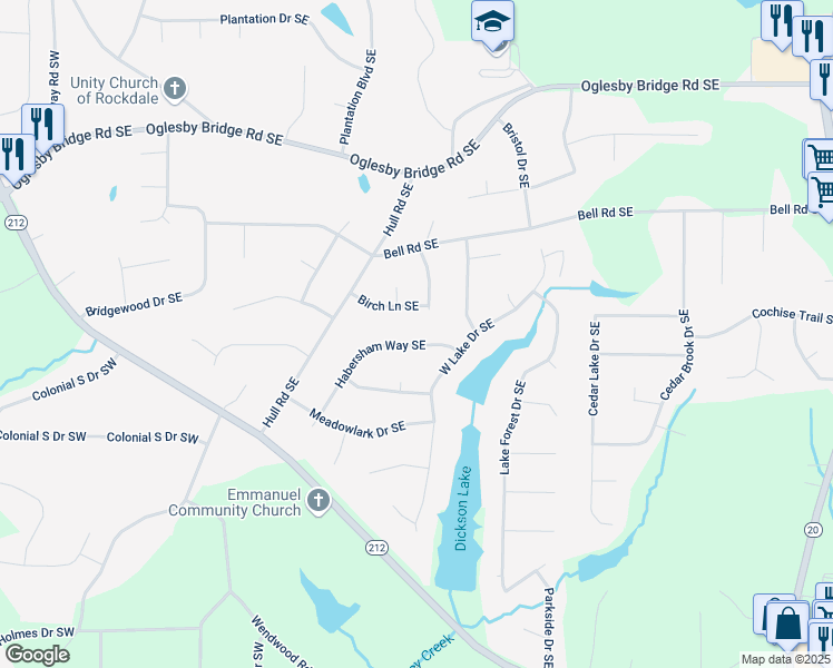 map of restaurants, bars, coffee shops, grocery stores, and more near 4750 Habersham Way Southeast in Conyers