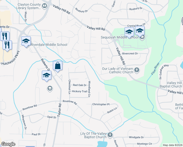 map of restaurants, bars, coffee shops, grocery stores, and more near 7156 Woodland Circle in Riverdale