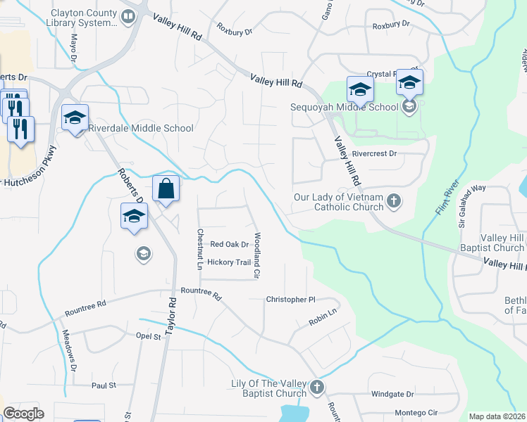 map of restaurants, bars, coffee shops, grocery stores, and more near 7156 Woodland Circle in Riverdale