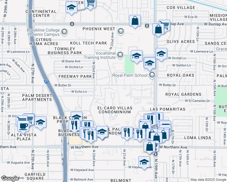 map of restaurants, bars, coffee shops, grocery stores, and more near 8344 North 21st Drive in Phoenix