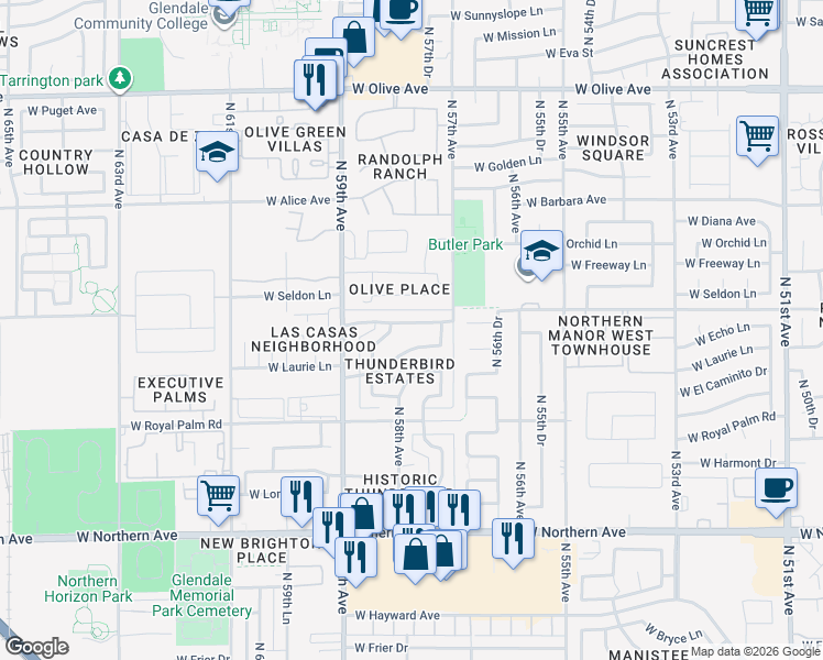 map of restaurants, bars, coffee shops, grocery stores, and more near 5735 West Evergreen Road in Glendale