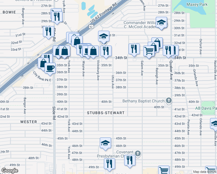 map of restaurants, bars, coffee shops, grocery stores, and more near 4807 38th Street in Lubbock