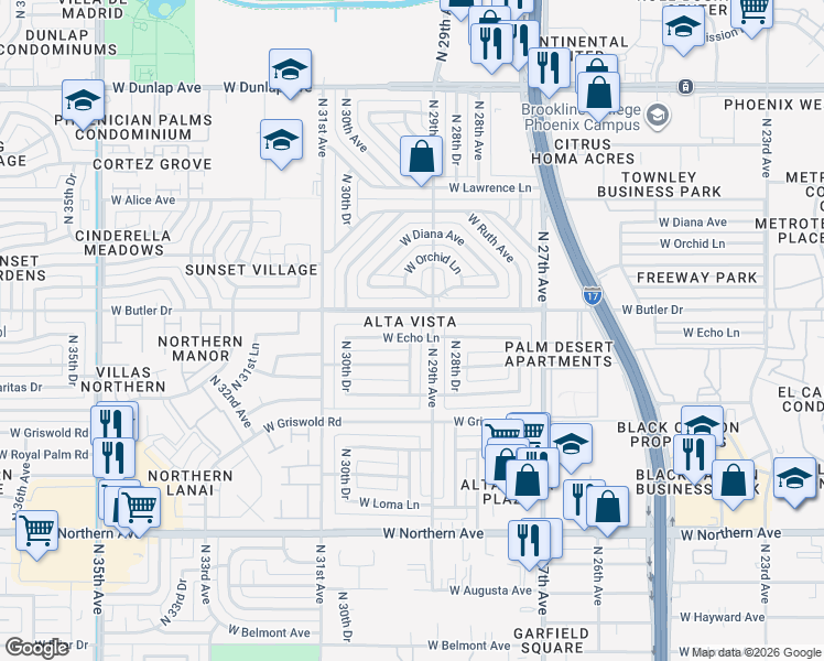 map of restaurants, bars, coffee shops, grocery stores, and more near 2916 West Echo Lane in Phoenix