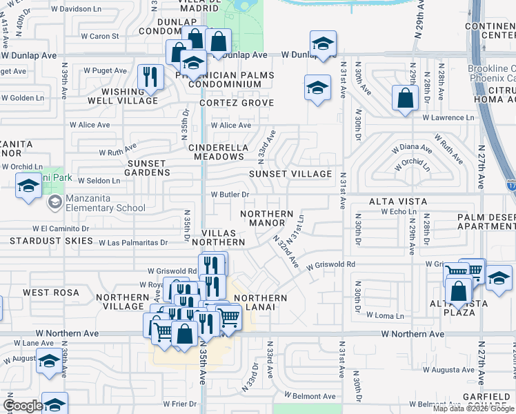 map of restaurants, bars, coffee shops, grocery stores, and more near 8421 North 33rd Avenue in Phoenix