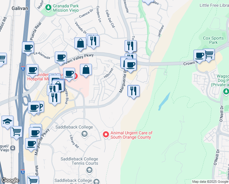 map of restaurants, bars, coffee shops, grocery stores, and more near 27776 Aberdeen in Mission Viejo