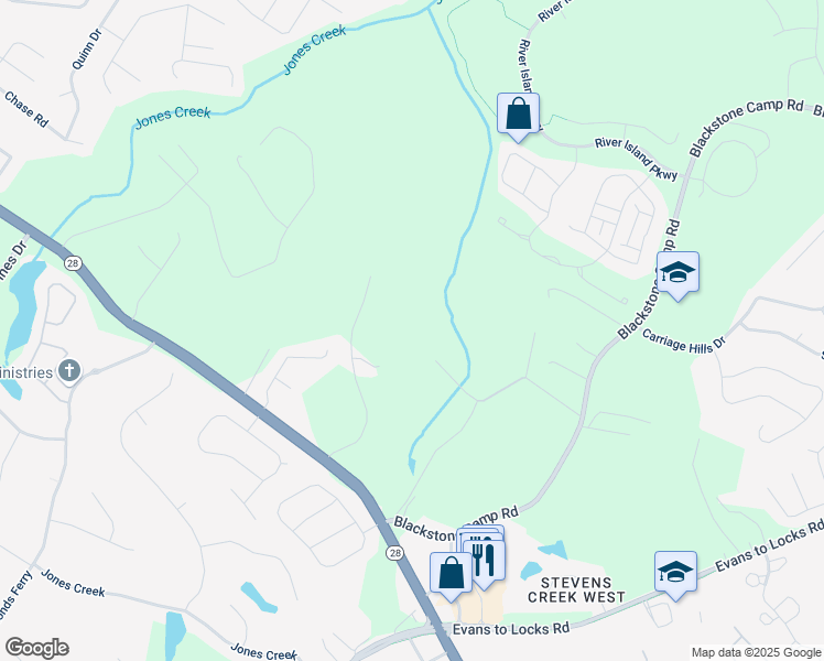map of restaurants, bars, coffee shops, grocery stores, and more near 3860 Sullivan Hartfield Road in Evans