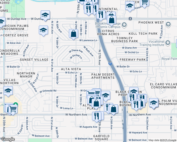 map of restaurants, bars, coffee shops, grocery stores, and more near 2742 West Echo Lane in Phoenix