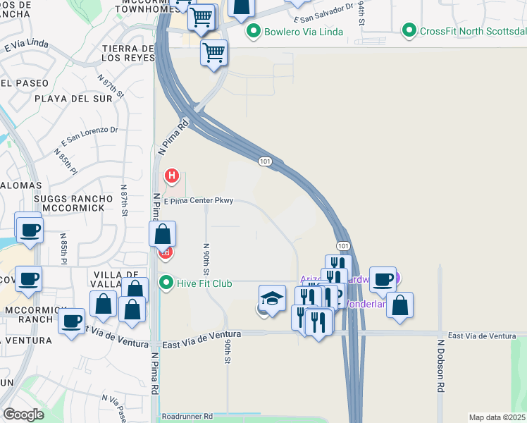 map of restaurants, bars, coffee shops, grocery stores, and more near 9100 East Pima Center Parkway in Scottsdale