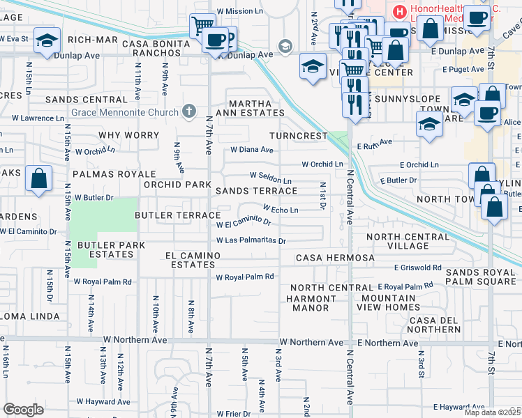 map of restaurants, bars, coffee shops, grocery stores, and more near 338 West El Caminito Drive in Phoenix