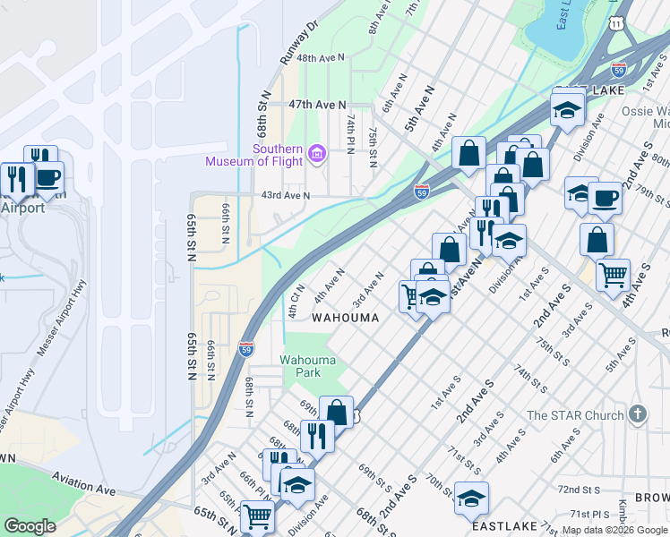 map of restaurants, bars, coffee shops, grocery stores, and more near 7208 4th Avenue North in Birmingham