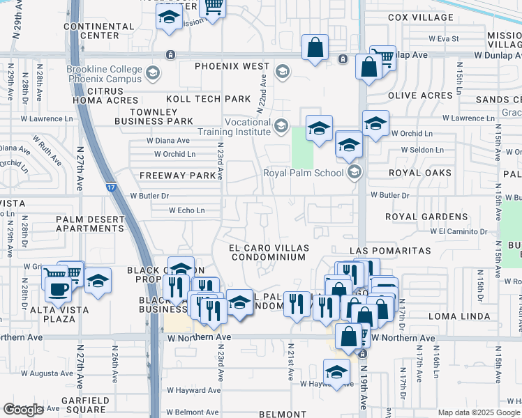 map of restaurants, bars, coffee shops, grocery stores, and more near 8344 North 21st Drive in Phoenix