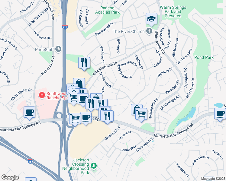 map of restaurants, bars, coffee shops, grocery stores, and more near 25716 Marvick Way in Murrieta