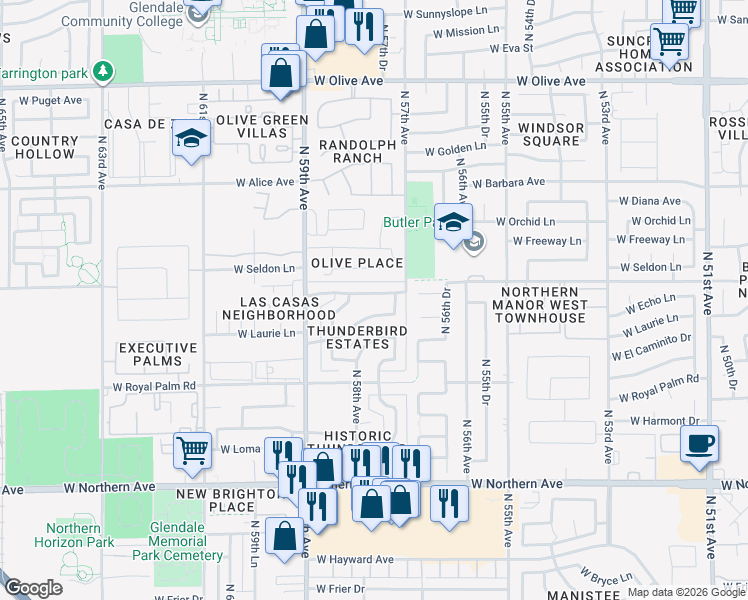 map of restaurants, bars, coffee shops, grocery stores, and more near 5735 West Evergreen Road in Glendale