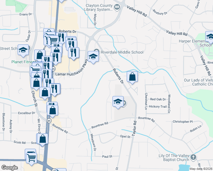map of restaurants, bars, coffee shops, grocery stores, and more near 7158 Williamsburg Drive in Riverdale