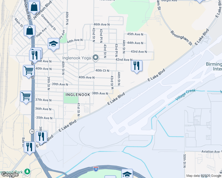 map of restaurants, bars, coffee shops, grocery stores, and more near 3812 43rd Street North in Birmingham