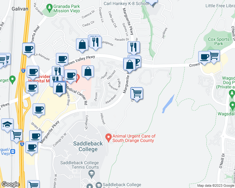 map of restaurants, bars, coffee shops, grocery stores, and more near 27776 Aberdeen in Mission Viejo