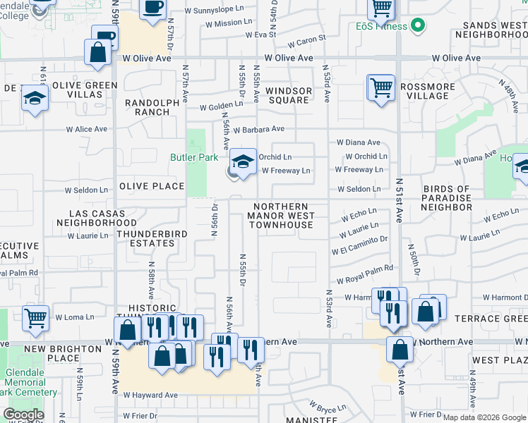 map of restaurants, bars, coffee shops, grocery stores, and more near 5489 West Echo Lane in Glendale