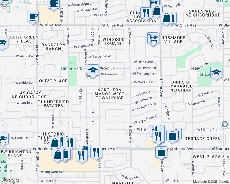 map of restaurants, bars, coffee shops, grocery stores, and more near 5401 West Echo Lane in Glendale
