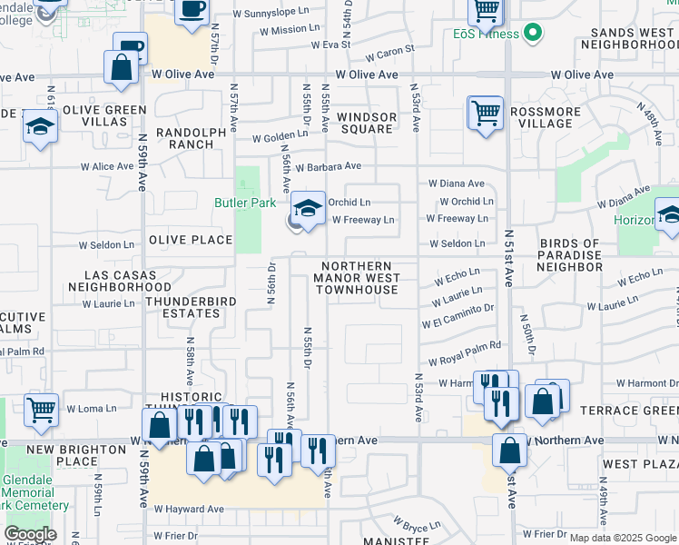 map of restaurants, bars, coffee shops, grocery stores, and more near 5473 West Echo Lane in Glendale