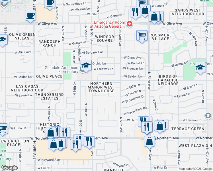 map of restaurants, bars, coffee shops, grocery stores, and more near 5424 West Laurie Lane in Glendale
